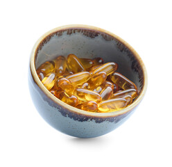 Bowl with fish oil capsules on white background