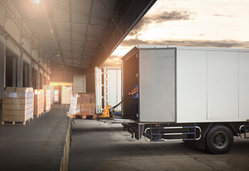 Worker Loading Package Boxes on Pallets into Cargo Container. Trucks Parked Loading at Dock...