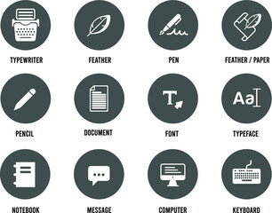 Minimalist writing and typing icon set in circles