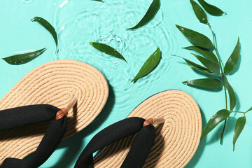 Stylish flip-flops and leaves in water on color background, closeup