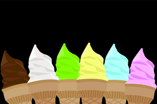 Various flavors of ice cream are arranged in a slight curve at the bottom of the image on a black background.