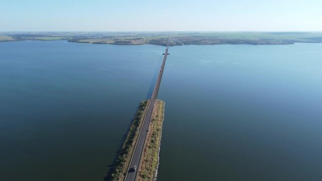 Aerial capture of the Tiet&ecirc; River. Intermodal waterway port. 4K.