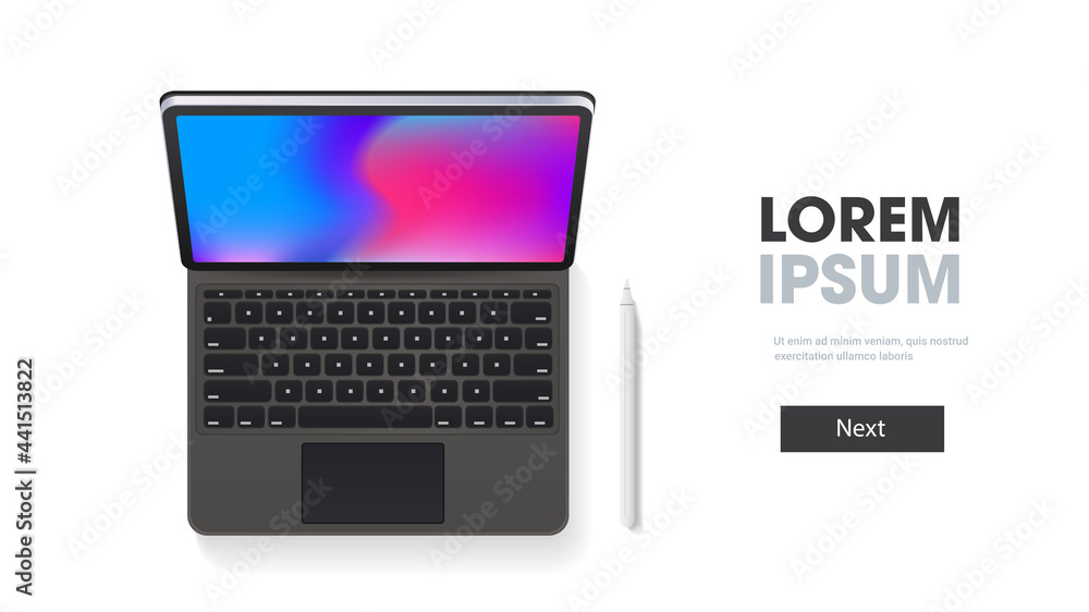 Poster modern tablet computer with keyboard and colored screen isolated on white background realistic devic