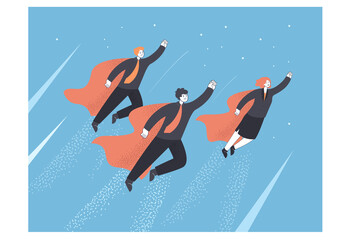 Team of businessmen flying through sky like superheroes. Powerful male and female characters in suits flat vector illustration. Teamwork, business concept for banner, website design or landing page