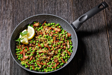Lebanese warm lentil and peas salad with bacon