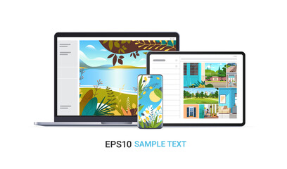 set laptop tablet and smartphone with beautiful wallpapers on screens realistic mockup gadgets and devices