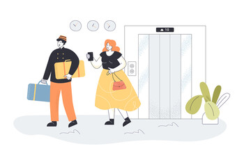Servant helping guest with baggage in hotel. Woman following man with suitcases flat vector illustration. Traveling, hospitality service concept for banner, website design or landing web page