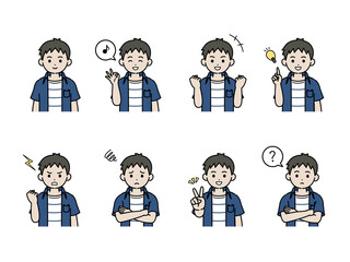 男の子のイラスト　バリエーションセット　仕草　ポーズ　子供　小学生　低学年　上半身