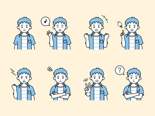 男の子のイラスト　バリエーションセット　仕草　ポーズ　子供　小学生　低学年　上半身