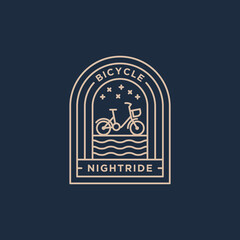 night ride bicycle minimalist line art badge icon logo template vector illustration design. simple modern vacation, holiday, travel emblem logo concept