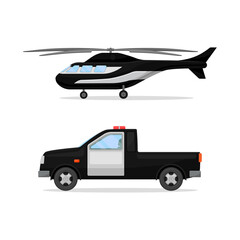 Police Car and Helicopter or Radio Patrol Vehicle Vector Set