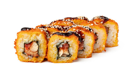 Cooked sushi roll isolated on white background