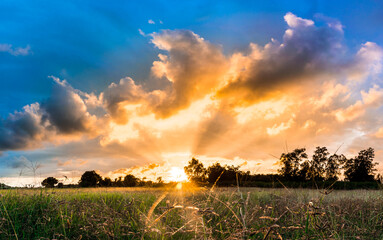 sunset in the field. landscape.The scenery and the sky are beautiful when the sun goes down.