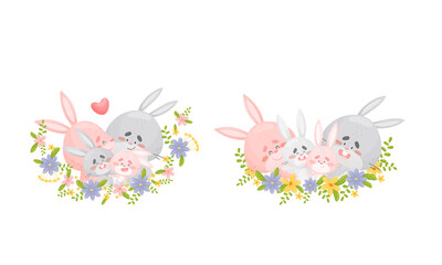 Rabbit Family with Bunny Mom and Dad Embracing Their Cub Sitting in Floral Arrangement Vector Set