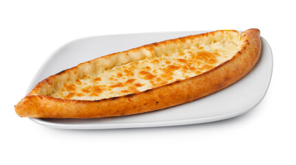 Turkish boat-shaped flatbread pide isolated on white