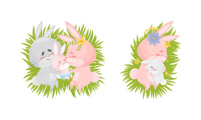 Rabbit Family with Bunny Mom and Dad Sleeping on Green Meadow Embracing Their Cub Vector Set