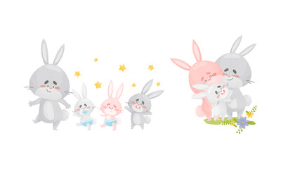 Rabbit Family with Bunny Mom and Dad Nursing and Embracing Their Cub Vector Set