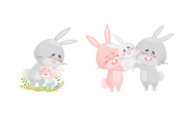 Rabbit Family with Bunny Mom and Dad Embracing Their Cub Vector Set