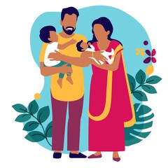 Vector illustration of an Indian family in national costumes with children in their arms. A couple of loving parents with kids. Mother in sari and father with beard. Fluid natural background  