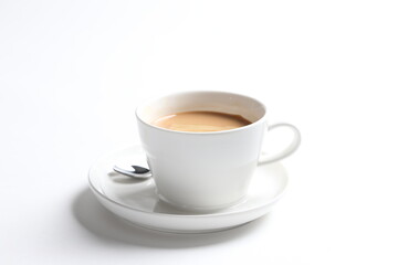 hot drink milk tea , milo , kopi coffee with milk in white cup and tea spoon and small plate in white background color beverage menu