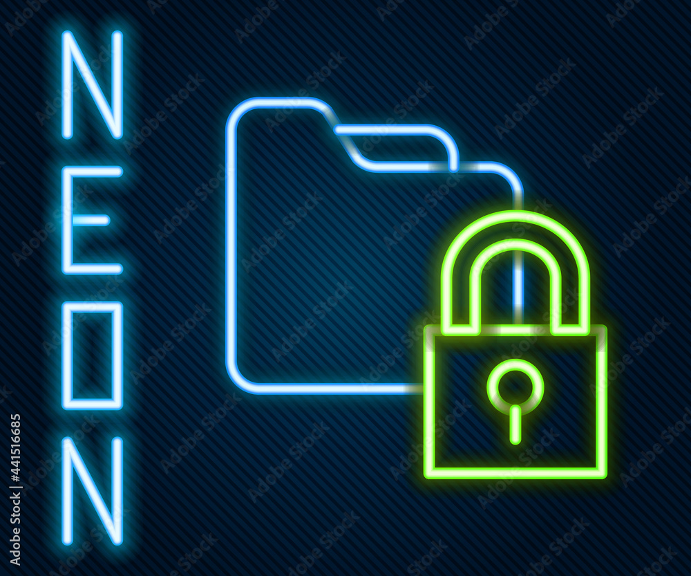 Poster glowing neon line folder and lock icon isolated on black background. closed folder and padlock. secu