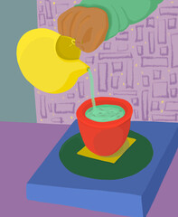 Illustration of a composition of green tea, which is poured from a yellow teapot into a red cup


