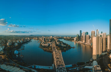 Sunrise aerial shot of Brisbane, the Story Bridge and the Brisbane River
