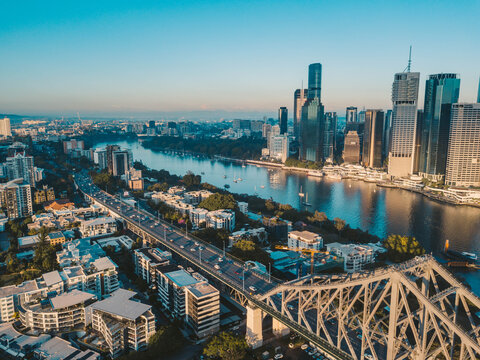 Sunrise Aerial Shot Of Brisbane, The Story Bridge And The Brisbane River