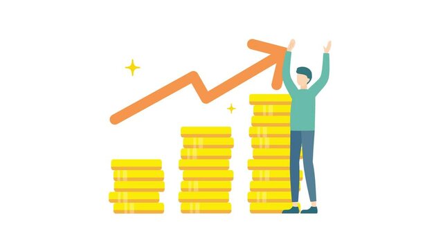 増えていくお金に喜ぶ男性のアニメーション　動画　人物　稼ぐ　増える　ビジネス　貯金　稼ぎ　矢印