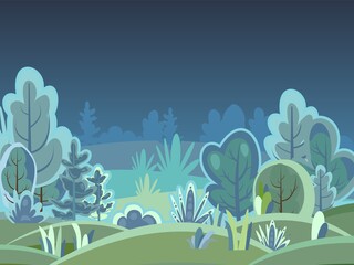 Fototapeta na wymiar Flat forest. Night landscape with trees. Fog. Illustration in a simple symbolic style. A funny green scene. Comic cartoon design. Country wild plants. Vector