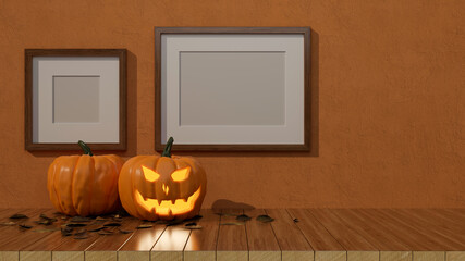 Halloween decorations with pumpkin lamps on the table and mock-up frames on the wall, 3D rendering