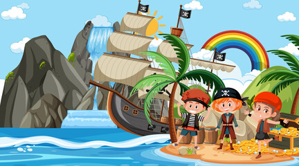 Treasure Island scene at daytime with Pirate kids © brgfx