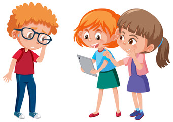 A boy with disappointed face because two girls bullying him