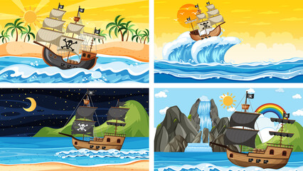 Obraz premium Set of ocean scenes at different times with Pirate ship in cartoon style