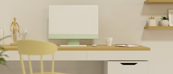 Computer device on the table in home working space with decorations, 3D rendering