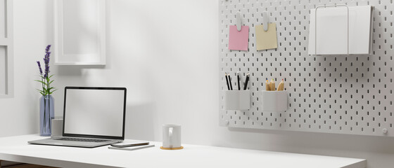 Minimal workspace with laptop, stationery and decoration in home office room, 3D rendering
