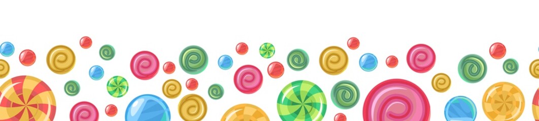 Sweets and scattered. Assorted dessert interspersed. Candy caramel. Seamless. Bottom seamless border. Flat Background illustration. Vector