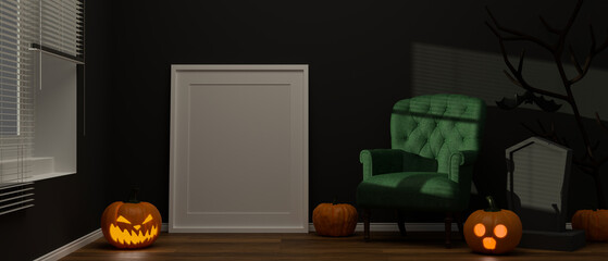 Living room decorated with mock-up frame and scary stuff in halloween concept, 3D rendering