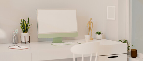 Obraz premium Simple working space with computer device, stationery and decorations in home office, 3D rendering