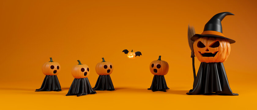 Halloween grinning pumpkins with witch costume and broom on orange background, 3D rendering