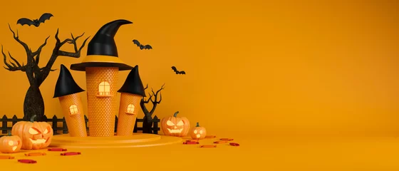 Fototapeten Witch castle, bats, grinning pumpkins and dried tree on yellow background, halloween concept, 3D rendering © bongkarn