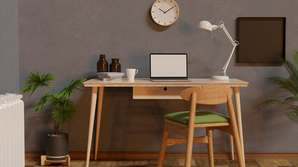 Home working space interior design with laptop and supplies on the desk decorated with houseplant, 3D rendering