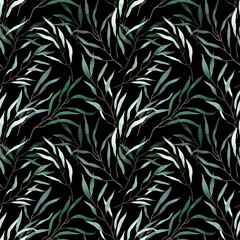 Watercolor greenery seamless pattern. Silver green long Eucalyptus branches background. Tropical design.