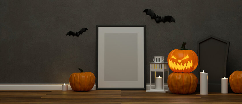 Halloween decorations with mock-up frame, pumpkin lamp, grave and scary stuff decorated in the room, 3D rendering