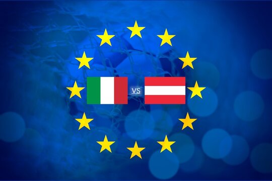 Florence, Italy, June 24th 2021, European flag with the soccer ball inside the net, with the flags of Italy versus Austria. Final round of 16.