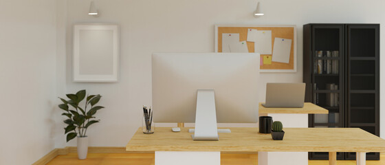 Modern office interior design with computer desks, cabinets notice board and decorations, 3D rendering