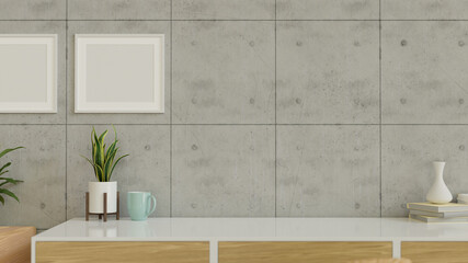 Home interior design with plant pot, vase and copy space on the table with mock-up frames on the wall, 3D rendering