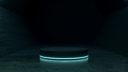 Creative dark mock up scene with podium, abstract blue neon futuristic sci-fi design, 3D render