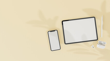 Top view of digital tablet, smartphone with mock-up screen and accessories isolated on yellow pastel background, 3D render