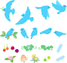 Fototapeta premium 青い小鳥と花や葉のデコレーションイラストセット